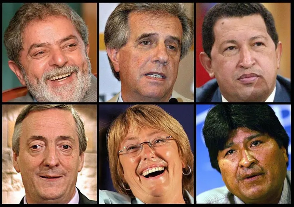 Chegada de Evo ao poder em 2006 sacramentou a guinada à esquerda da América do Sul no início dos anos 2000. Na foto, da esquerda para direita: Lula, no Brasil; Tabaré Vázquez, no Uruguai; Hugo Chávez, na Venezuela; Néstor Kirchner, na Argentina; Michelle Bachelet, no Chile; e Evo Morales, na Bolívia. — Foto: AFP via Getty Images