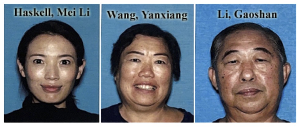 Montagem de fotos sem data feita pelo Departamento de Polícia de Los Angeles mostra Mei Haskell, à esquerda, e seus pais, YanXiang Wang e Gaoshan Li — Foto: Associated Press/LOS ANGELES POLICE DEPARTMENT