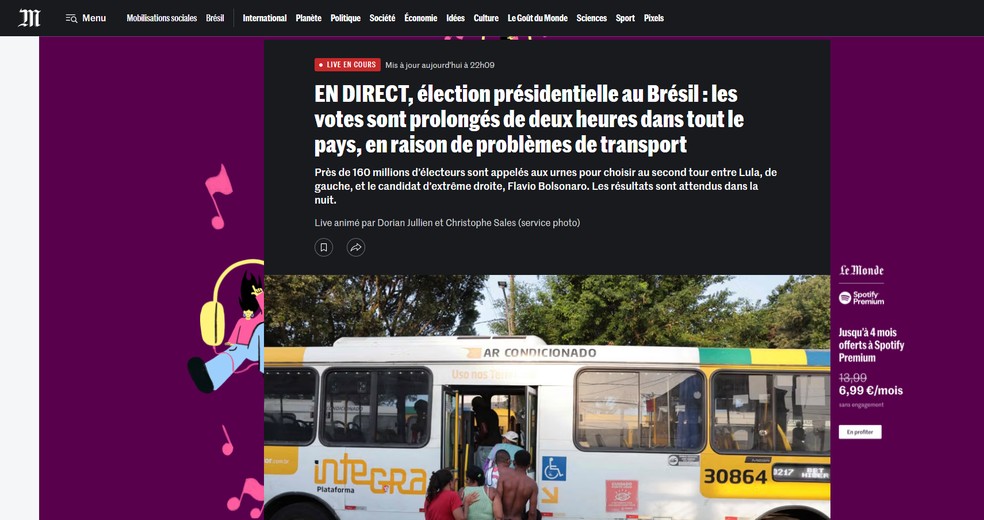 O jornal francês destacou que, apesar da interrupção da contagem, já se sabia o resultado parcial e inicial da votação, — Foto: Reprodução: Le Monde