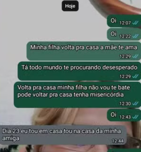 Menina que desapareceu após sair de casa em Santos, enviou mensagem à mãe dizendo que retorna dia 23 — Foto: Arquivo pessoal e reprodução