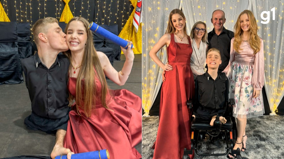 Infuenciador Tiago Linck e a irmã gêmea Daiana em formatura — Foto: Arquivo pessoal