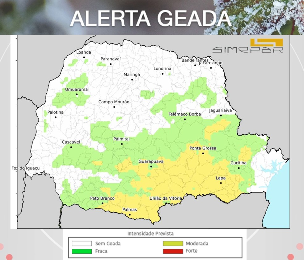 Previsão de geada para o Paraná no domingo de Dia dos Pais, 10 de agosto — Foto: Reprodução/Simepar