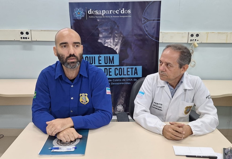 Peritos Caio Nucci de Araújo (esquerda) e João Carlos Quemelli (direita), conversaram com a imprensa sobre o trabalho no Caso Clarinha. Espírito Santo. — Foto: Divulgação/PCIES