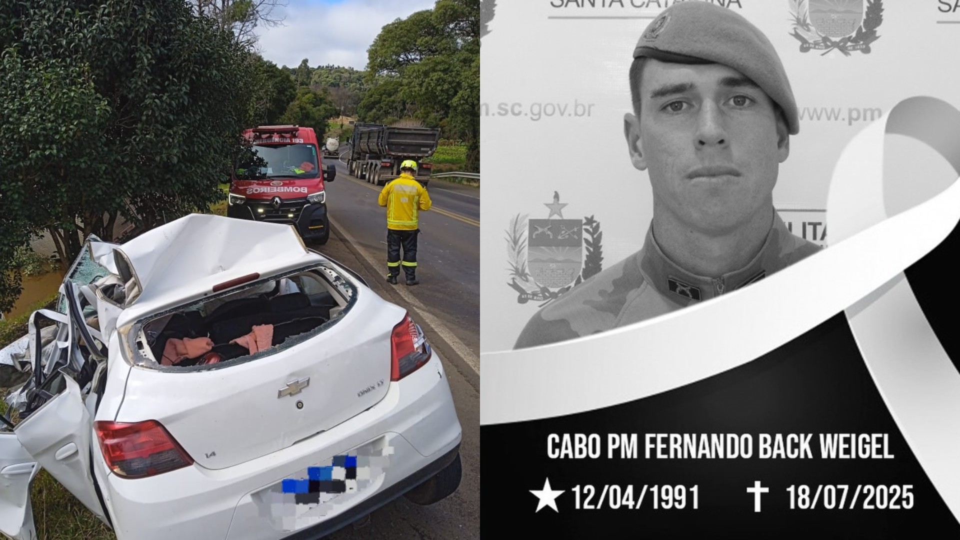 Policial, filho e irmã morrem após batida frontal que destruiu carro e fez caminhão entrar em açude em SC