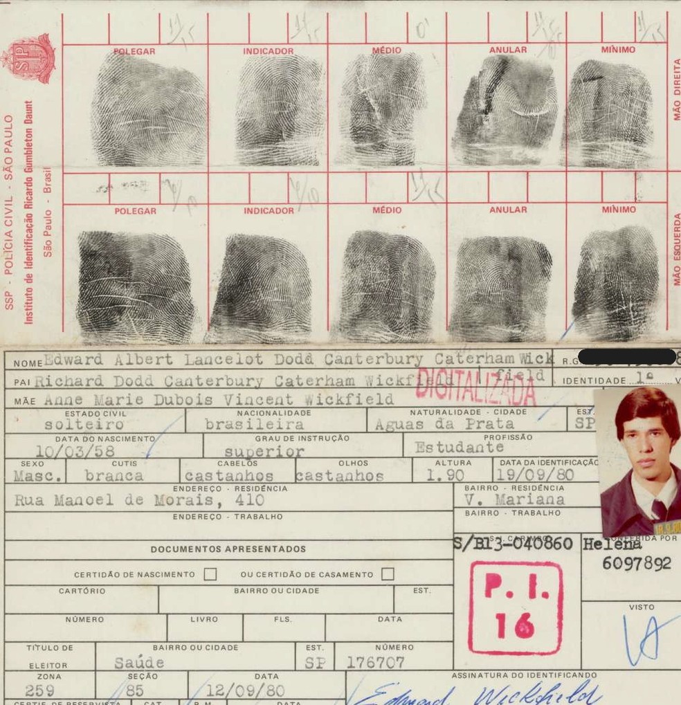 Ficha de identificação de Edward Albert Lancelot Dodd Canterbury Caterham Wickfield — Foto: Reprodução