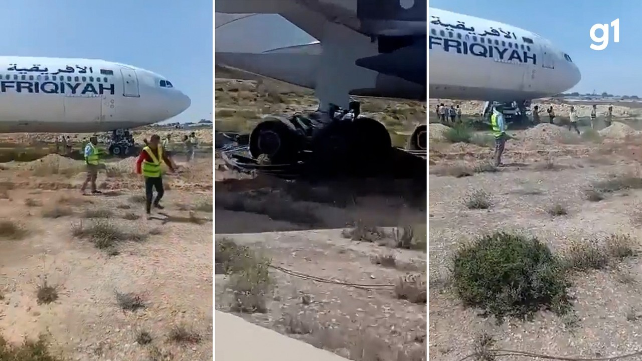 VÍDEO: Avião sai da pista e fica preso durante decolagem na Líbia
