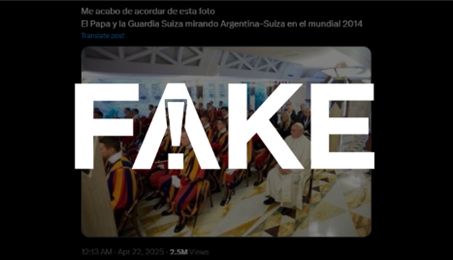 É #FAKE que foto mostre papa Francisco e Guarda Suíça vendo jogo da Argentina na Copa do Mundo de 2014; saiba a origem do clique