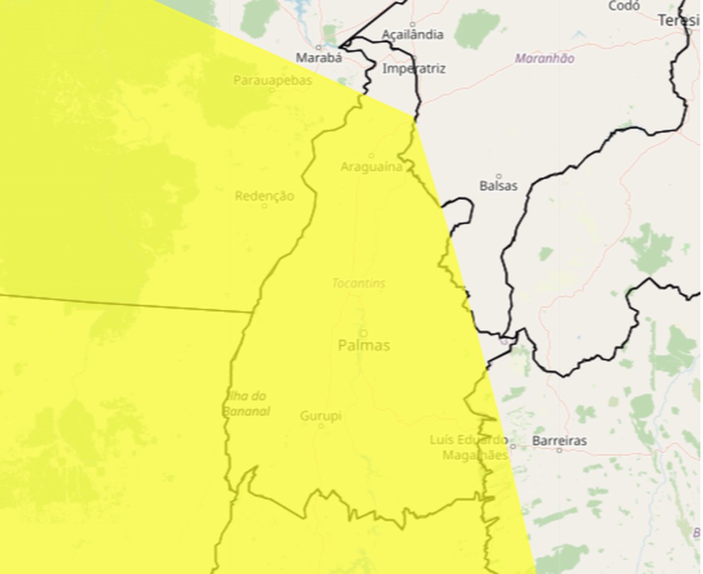 O alerta amarelo de perigo potencial se estende para quase todo o estado — Foto: Reprodução/Inmet