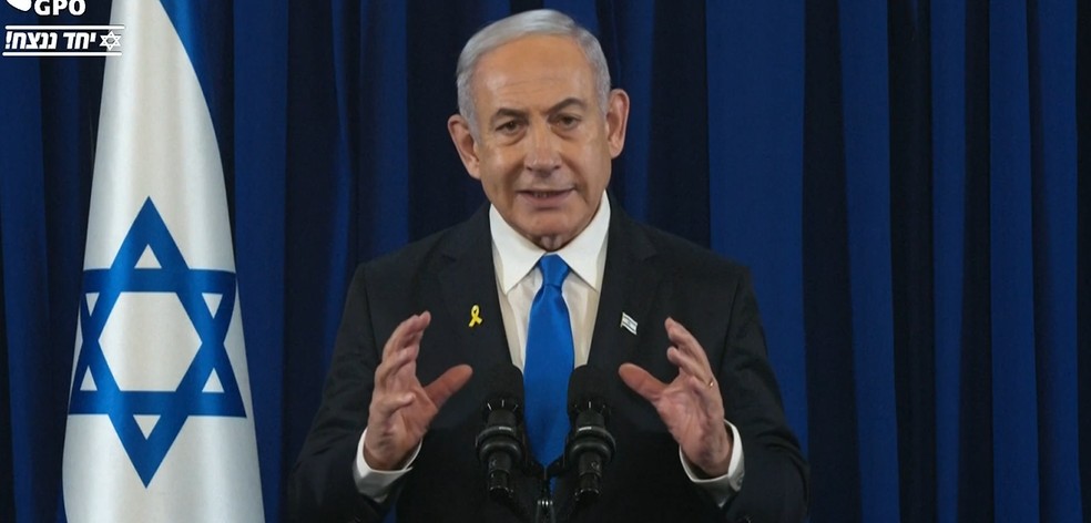 Primeiro-ministro Israel Benjamin Netanyahu faz pronunciamento após assassinato do chefe do Hamas — Foto: Reprodução