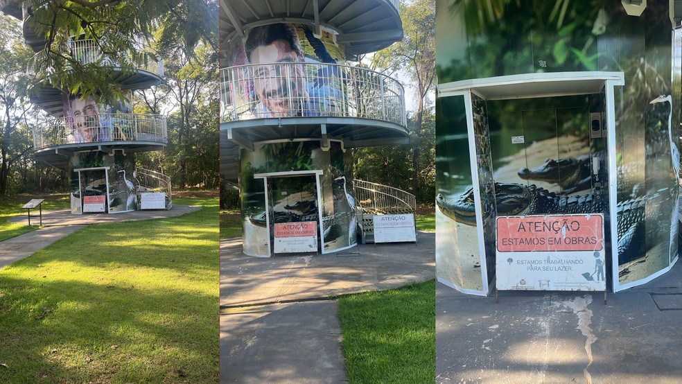 O acesso ao local foi bloqueado com avisos de obra na porta do elevador e na escada — Foto: Kleverton Mariani