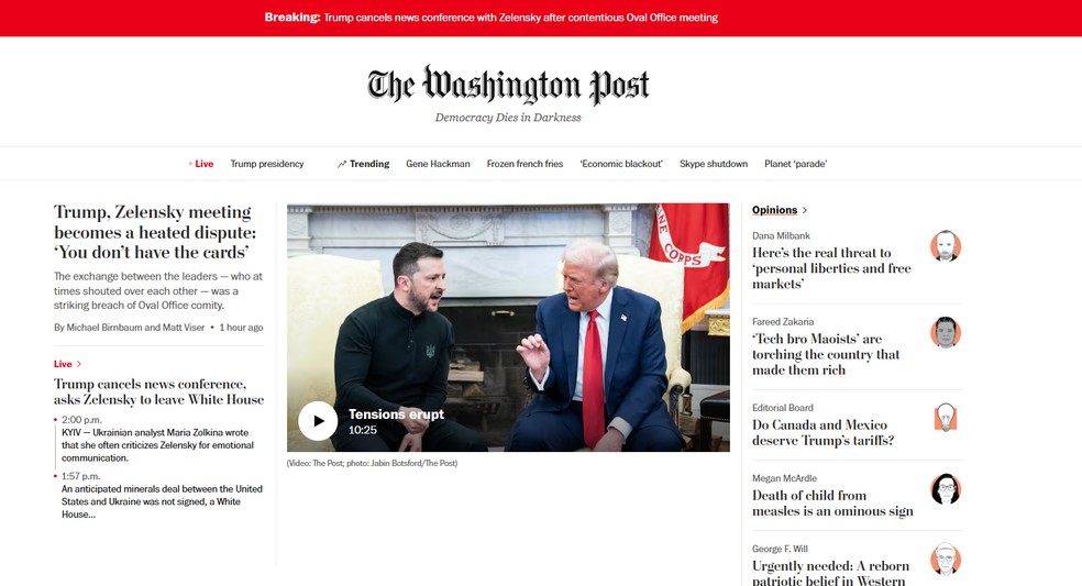 Capa do jornal Washington Post nesta sexta (28). — Foto: Reprodução