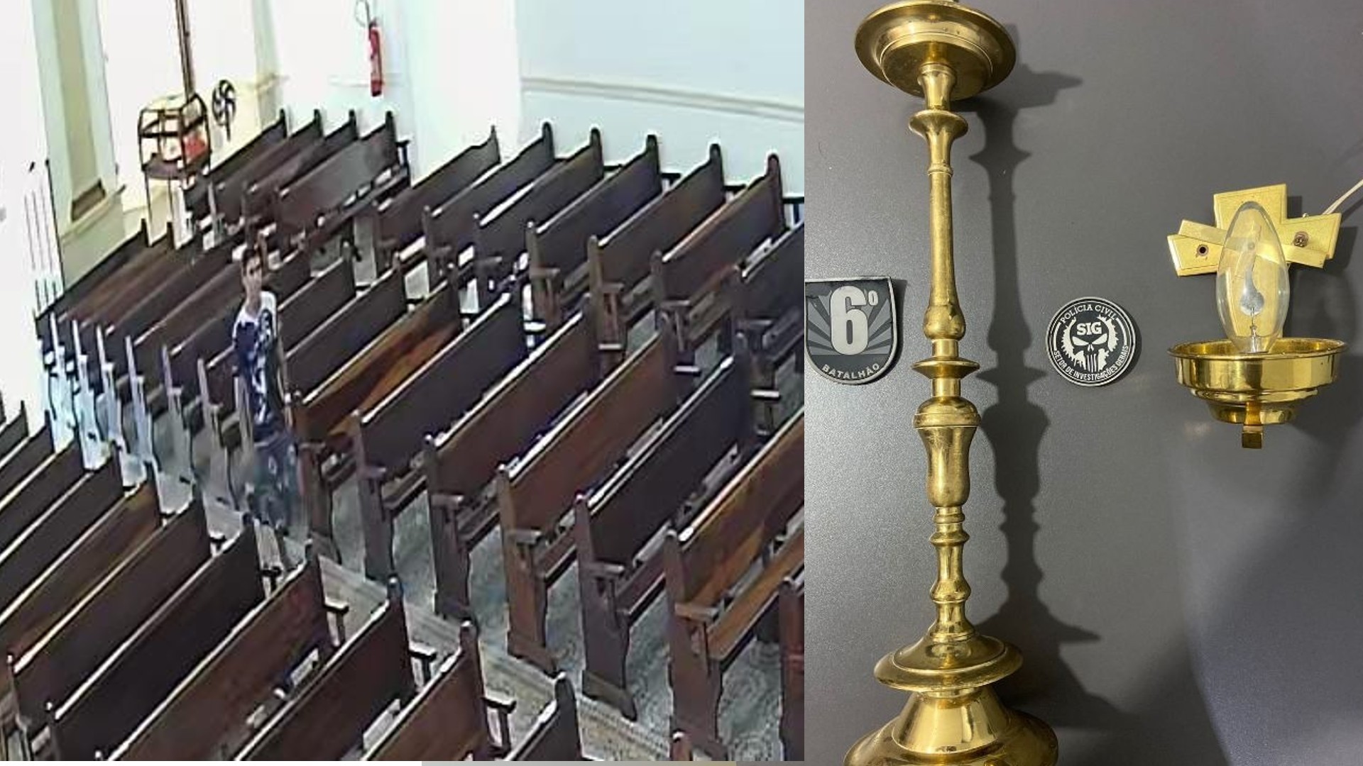 Ladrão tira boné para entrar em igreja, caminha até altar e furta candelabro de bronze em MS; vídeo