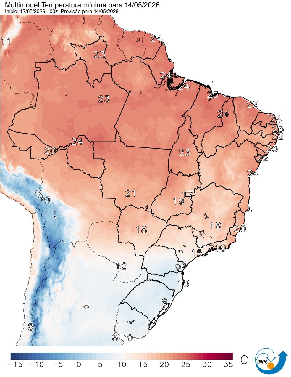 Temperaturas mínimas previstas para esta quinta em todo o Brasil. — Foto: CPTEC/Inpe