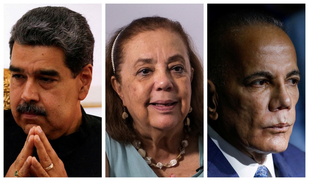 Montagem mostra Nicolás Maduro, Corina Yoris e Manuel Rosales — Foto: Reuters