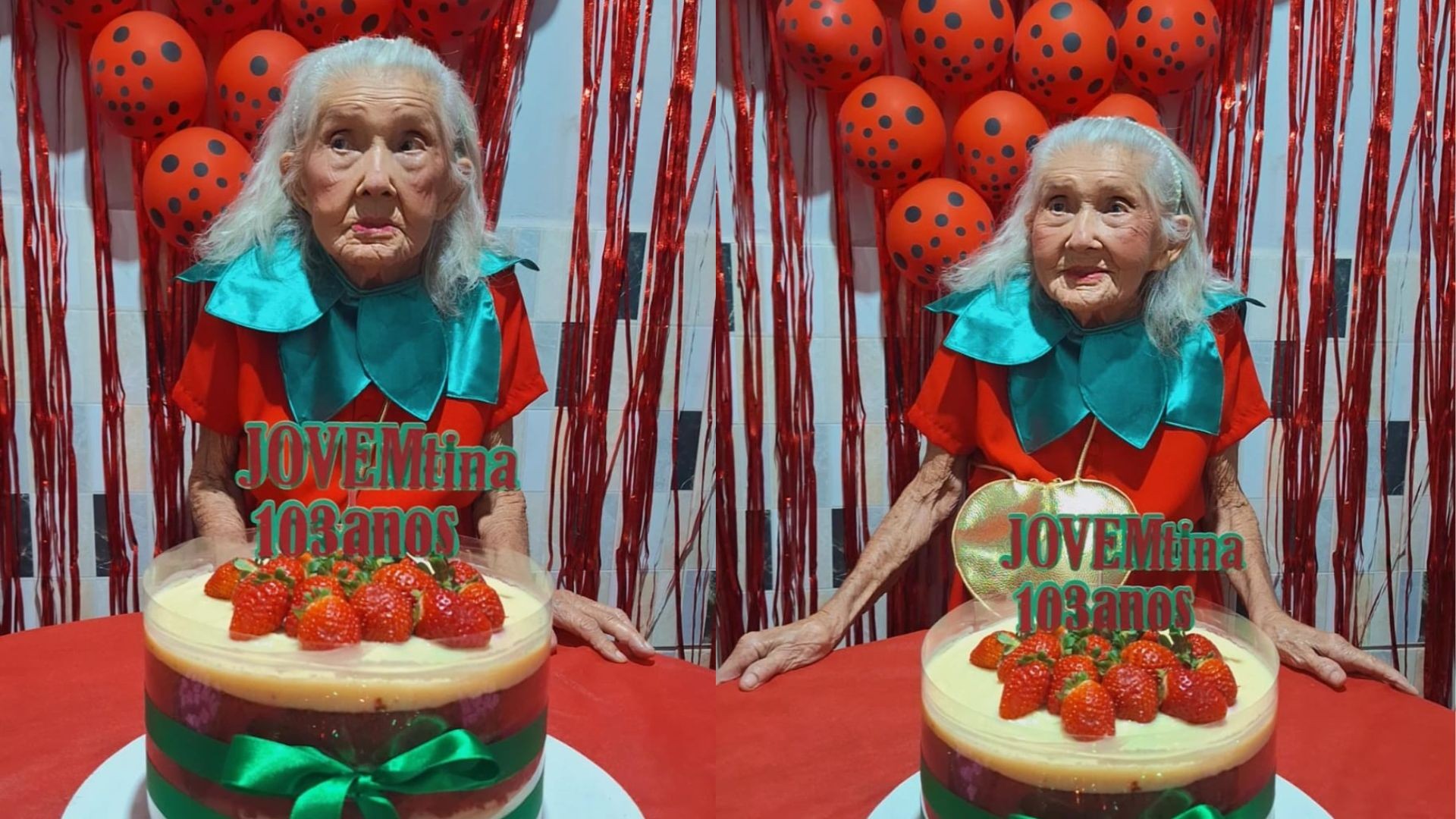 Idosa comemora 103 anos com festa temática do ‘morango do amor’