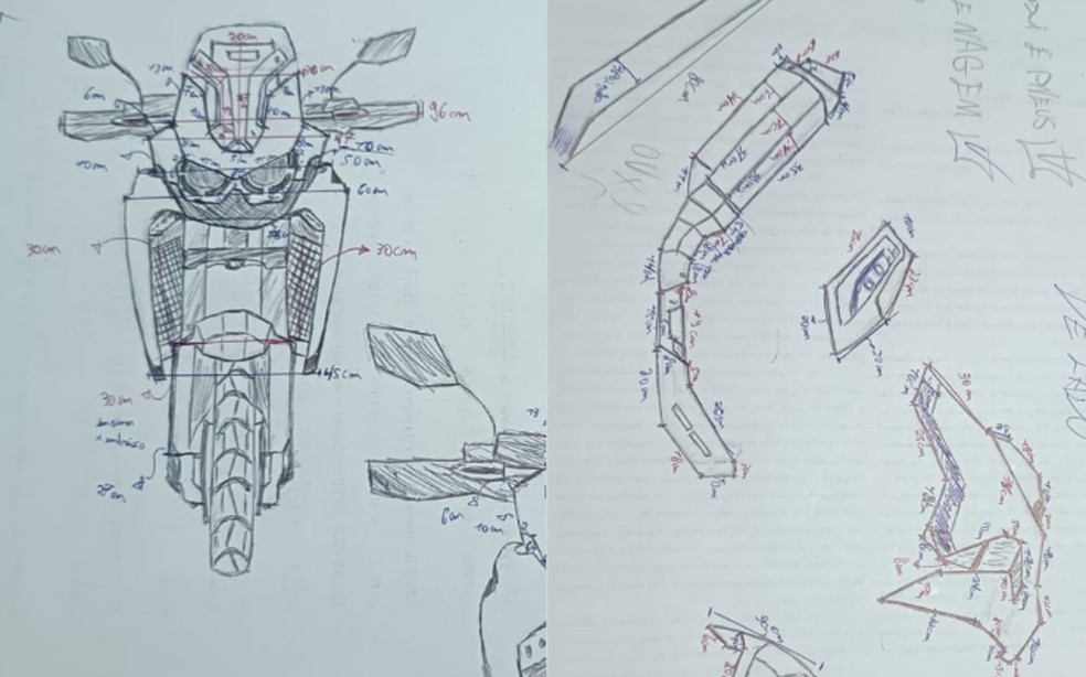 Hector desenhou e calculou cada detalhe da rplica da moto construda com papelo  Foto: Arquivo Pessoal/Hector Diego