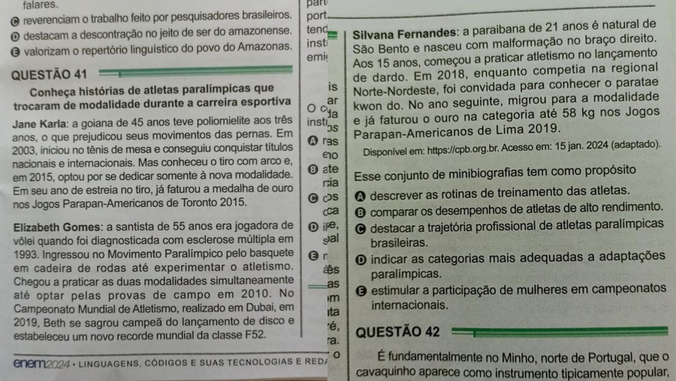 Questão do Enem 2024 sobre Silvana Fernandes — Foto: Reprodução / Enem 2024