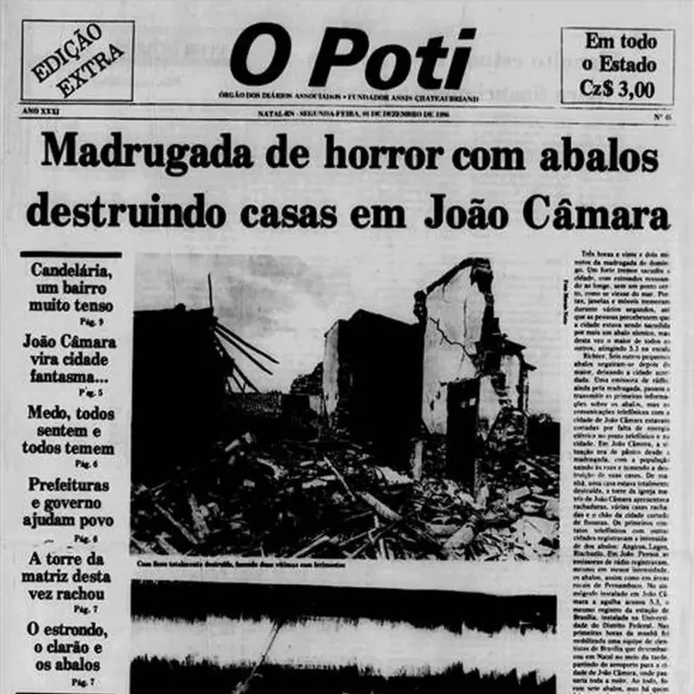Capa do Jornal O Poti, no Rio Grande do Norte, no dia ap&oacute;s o tremor registrado em Jo&atilde;o C&acirc;mara &mdash; Foto: Reprodu&ccedil;&atilde;o