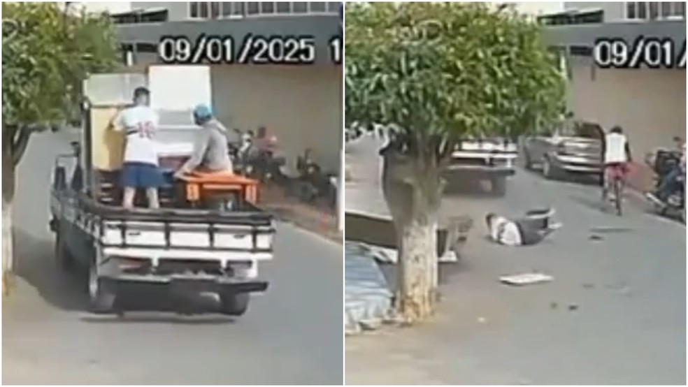 Homem cai de veículo de mudança após guarda-roupa bater em árvore em Poranga — Foto: Reprodução