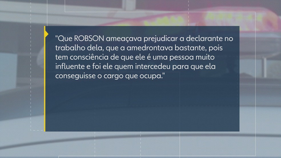 Imagem mostra trecho de depoimento de ex-amante de Robson Cândido — Foto: TV Globo/Reprodução