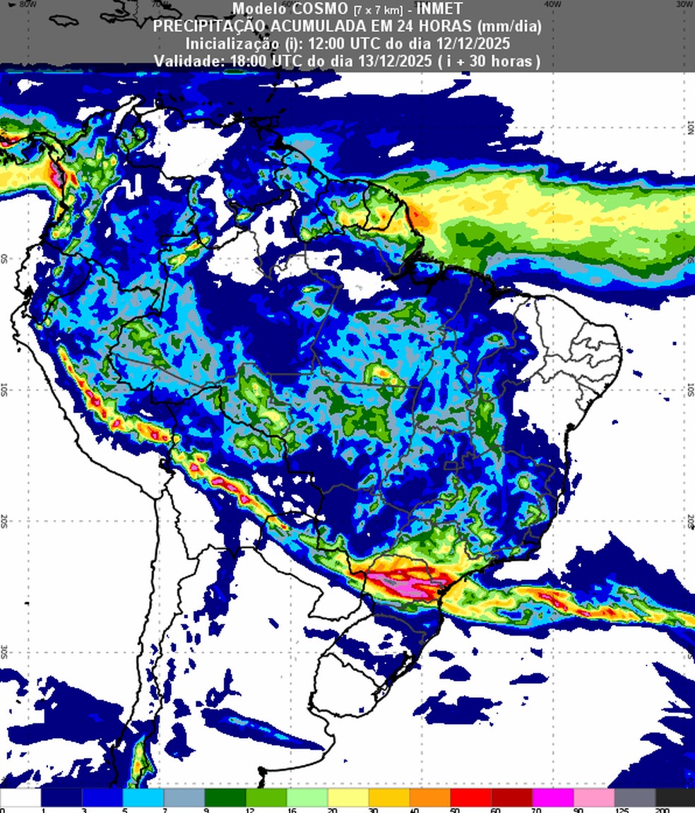 Modelo meteorológico mostra que área entre o norte de Santa Catarina, Paraná e São Paulo deve ser a mais afetada pelos temporais no fim de semana. — Foto: Inmet