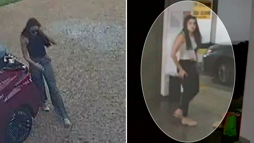 À esquerda, Júlia Moretti de Paula chegando a imobiliária; à direita, ela no prédio assaltado durante a fuga da quadrilha — Foto: Reprodução/Câmera de segurança