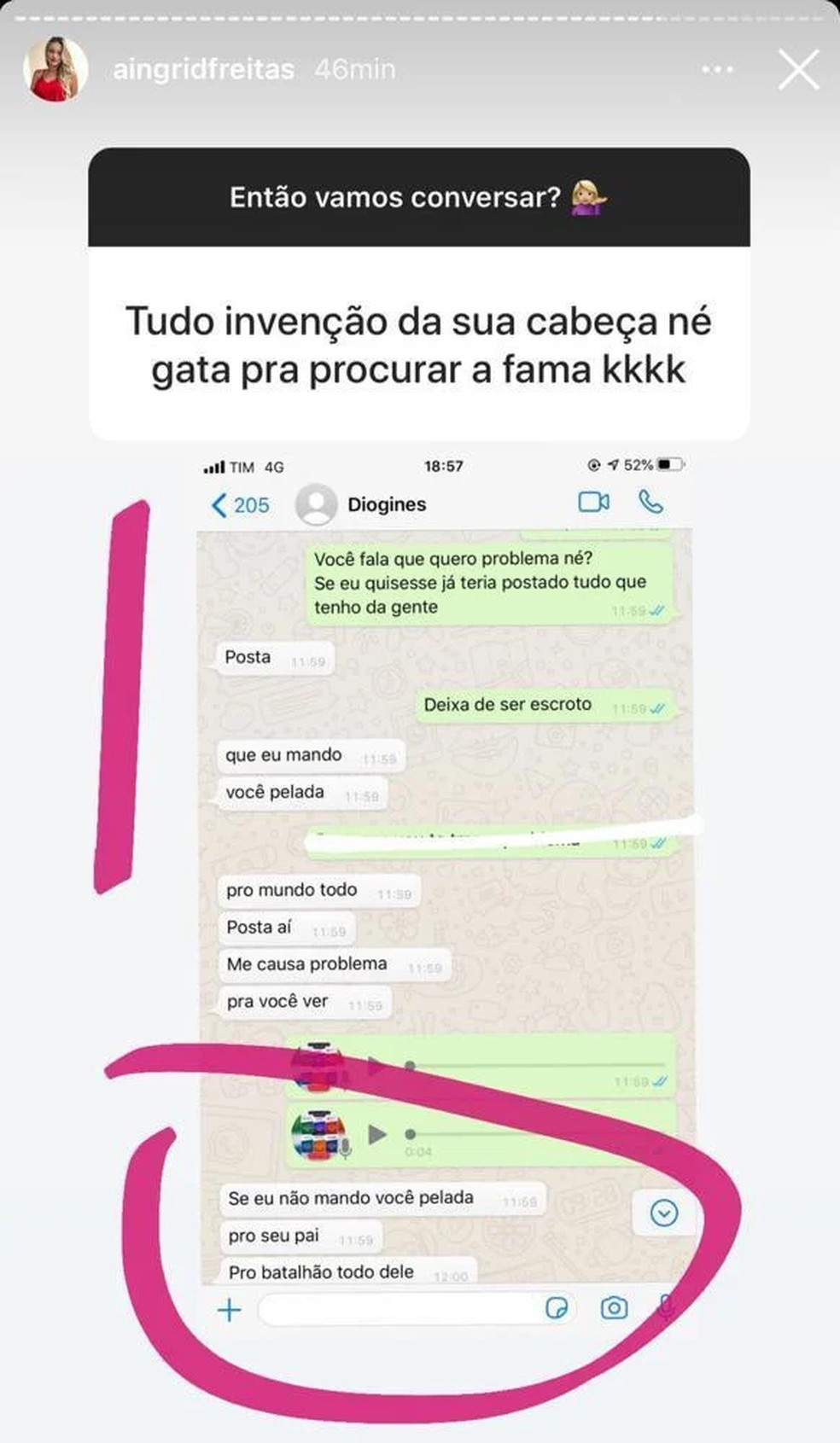Mensagens de ameaças que teriam sido escritas pelo pagodeiro  — Foto: Reprodução 