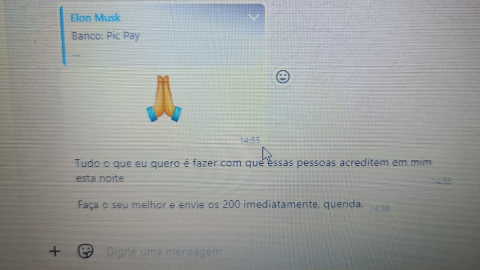 Golpista pede R$ 200 a idosa se passando pelo empresário Elon Musk — Foto: Reprodução