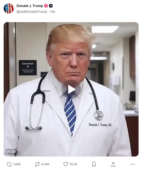 Trump posta vídeo de IA em que aparece como médico 'curando' opositores famosos