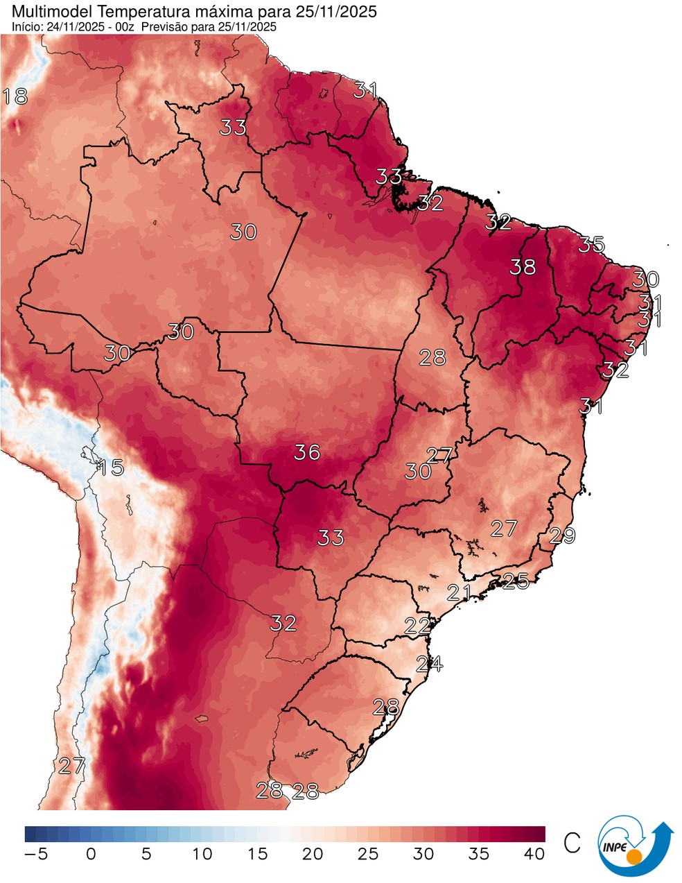 Mapa mostra previsão de temperatura máxima para esta terça (25). — Foto: CPTEC/Inpe