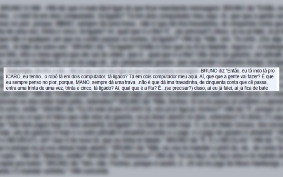 Trecho transcrito de ligação feita por Bruno Lopez sobre os robôs utilizados para as apostas, em Goiás — Foto: Reprodução/Ministério Público