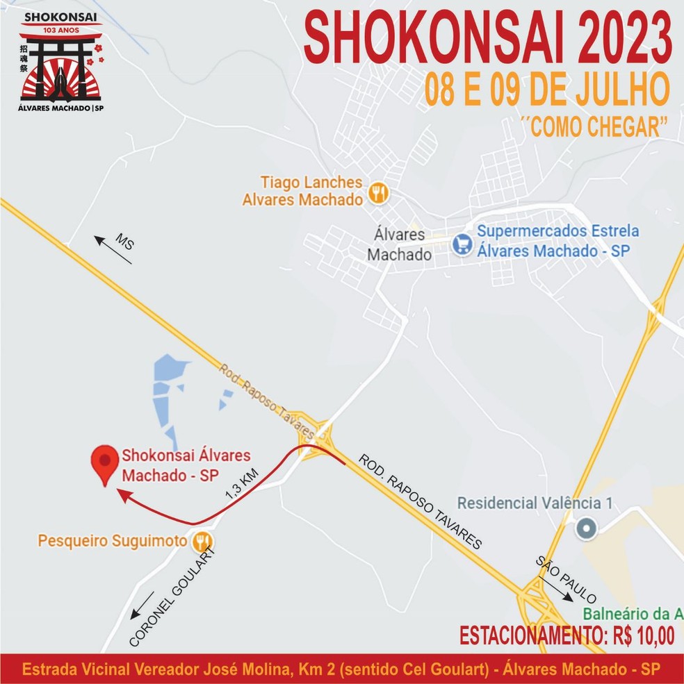 Rota para chegar ao Shokonsai no Cemitério Japonês de Álvares Machado (SP) — Foto: Aceam