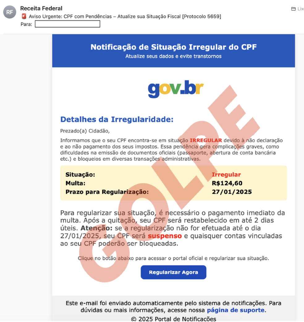 Golpistas enviam mensagens utilizando o nome da Receita Federal — Foto: Receita Federal/ Reprodução