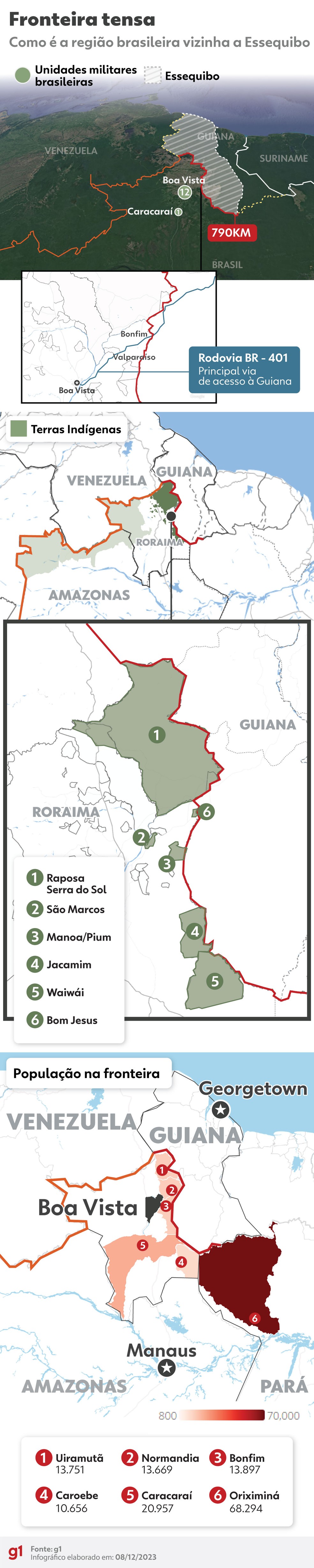 Infográfico mostra como é a fronteira entre o Brasil e Essequibo, região da Guiana que a Venezuela quer anexar. — Foto: Editoria de Arte/g1