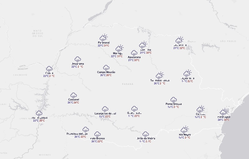 Previsão do tempo para o Paraná no sábado (10) — Foto: Simepar