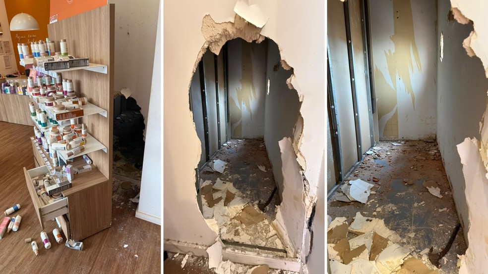 Buraco aberto por ladrões em parede de loja de perfumes, em Rio Preto (SP): suspeitos foram presos por guardas municipais — Foto: Arquivo pessoal