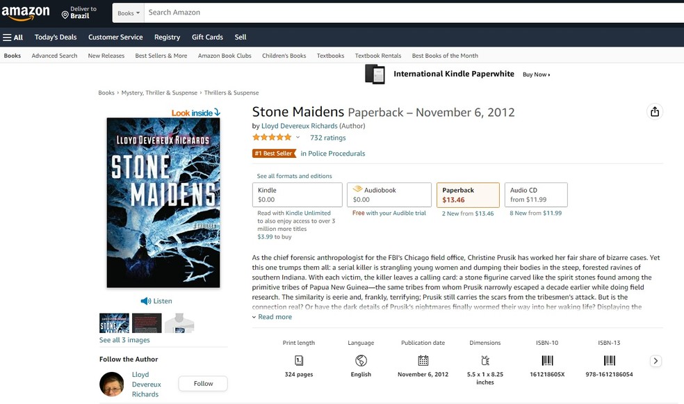 Anúncio do livro 'Stone Maidens' em primeiro lugar na Amazon na categoria romances policiais  — Foto: Reprodução 