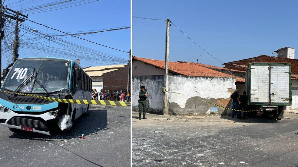 Caminhão bateu em van antes de se chocar com muro no bairro Mondubim; motorista morreu — Foto: Mateus Ferreira/SVM