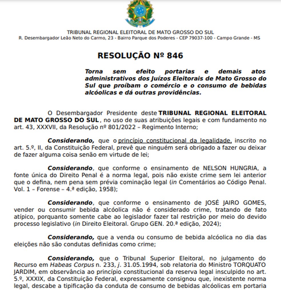 Lei seca é derrubada em Mato Grosso do Sul — Foto: Tribunal Regional Eleitoral/Reprodução