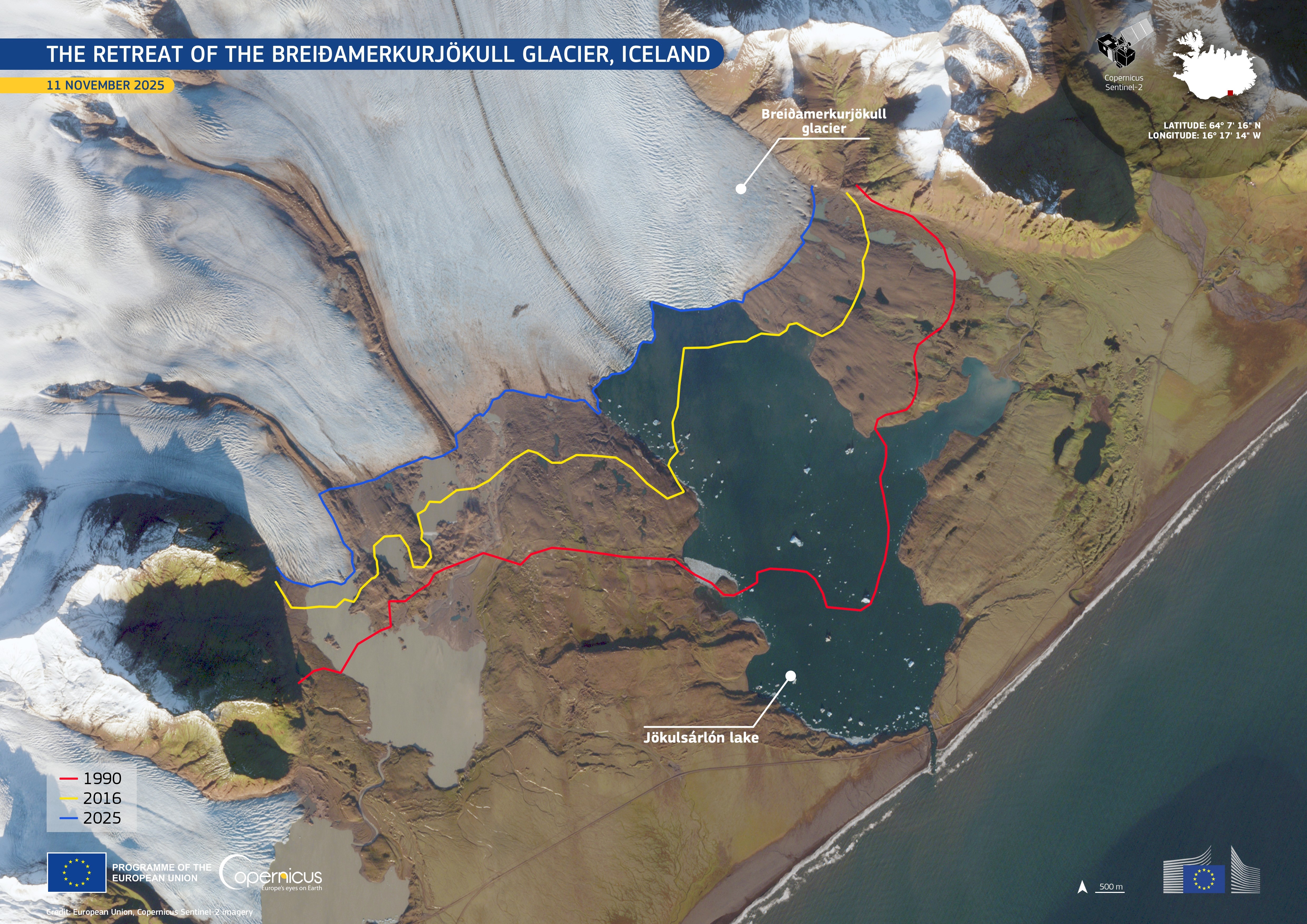 Geleira na Islândia recua 6 km em 25 anos, mostram imagens de satélite