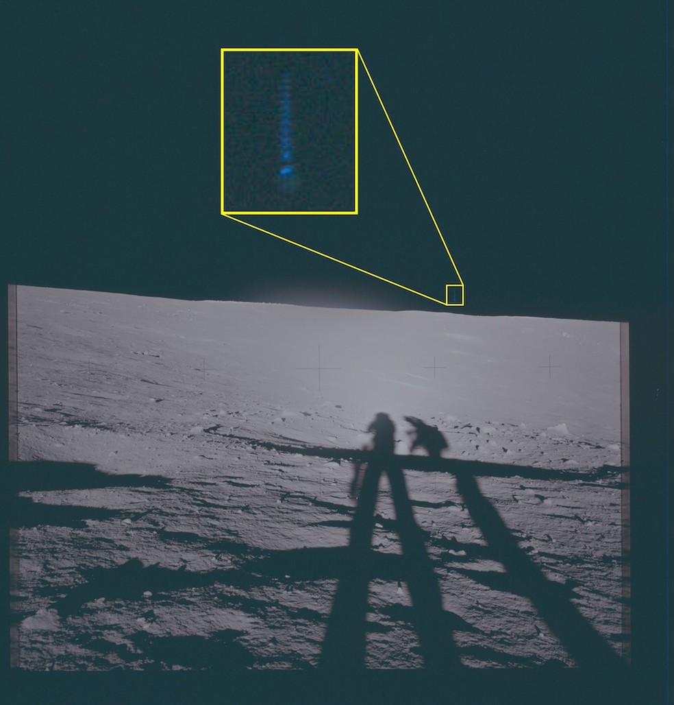 Foto tirada por astronauta da Apollo 12 na Lua em 1969 mostra fenômeno não identificado, aumentado com edição posterior, visto pela tripulação. — Foto: Nasa/Divulgação/Departamento de Guerra dos EUA