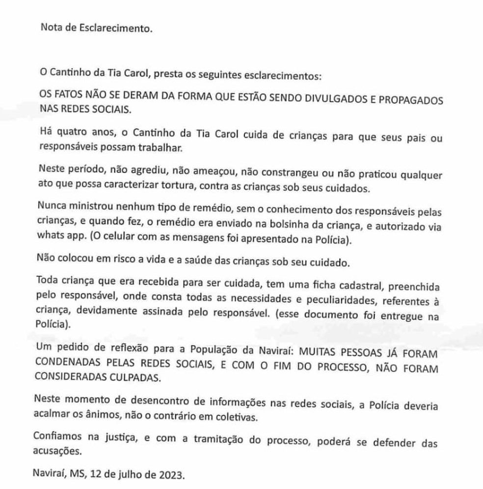 Nota de esclarecimento da creche — Foto: Divulgação