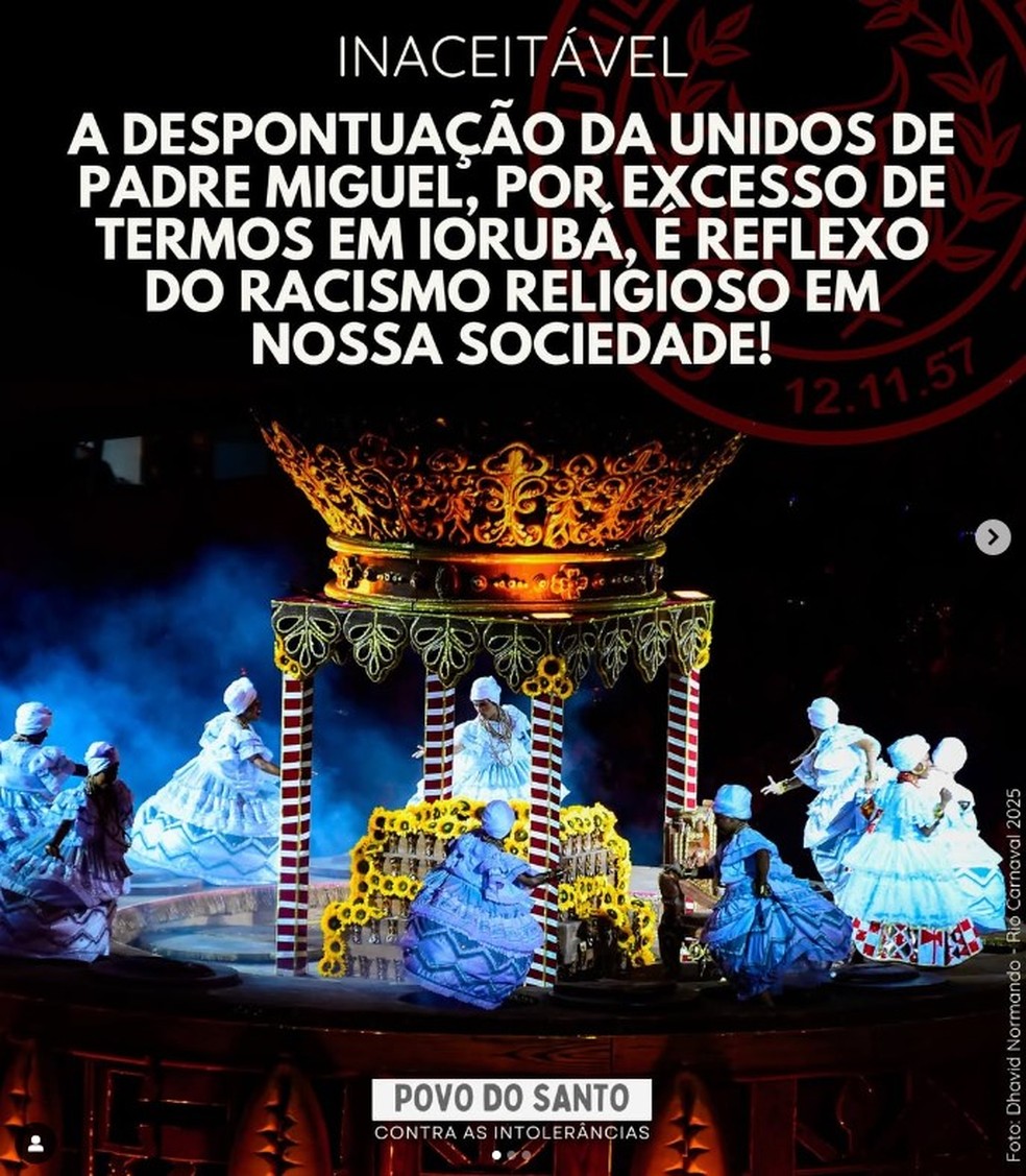 Unidos de Padre Miguel cita possível ato racista na nota do jurado. — Foto: Reprodução redes sociais