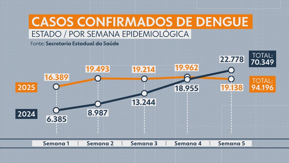 Casos confirmados de dengue no estado de SP, por semana epidemiológica — Foto: Reprodução/TV Globo
