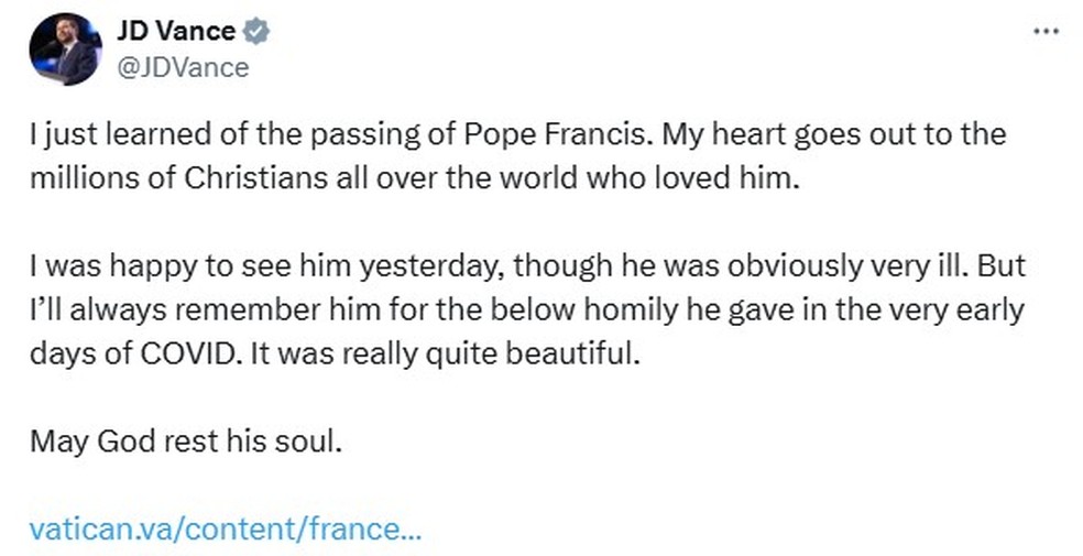 Tweet de Vance pelo falecimento do Papa — Foto: Reprodução/X