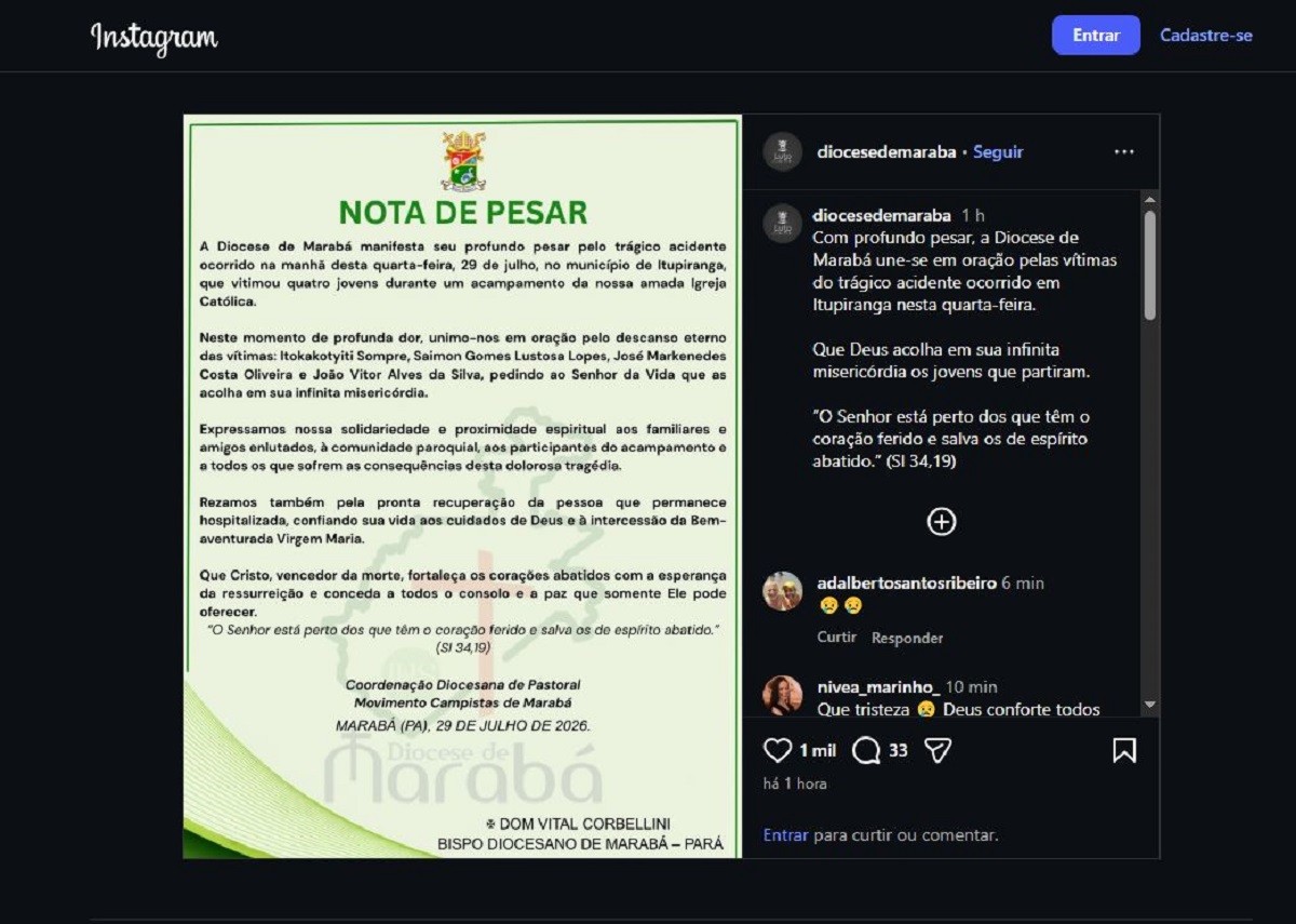 Quatro pessoas morrem em acampamento católico no Pará  