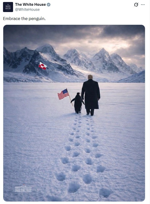 Casa Branca posta montagem de Trump com pinguim na Groenlândia e vira alvo de chacota: 'Não existem no Ártico'