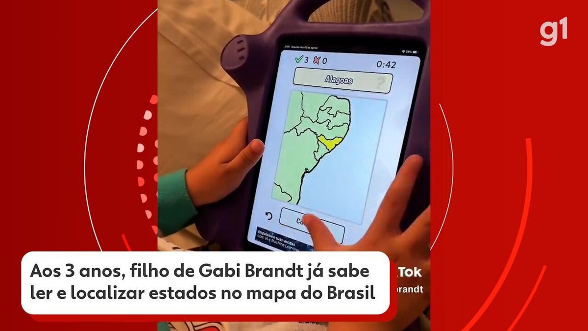 Aos 3 anos, filho da influencer Gabi Brandt já sabe ler e localizar os estados do Brasil no mapa; você ganharia dele no jogo? Faça TESTE