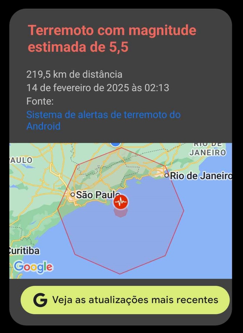 Moradores recebem alerta do Google de terremoto em Ubatuba — Foto: Arquivo pessoal/Jhonatas De Souza Maciel