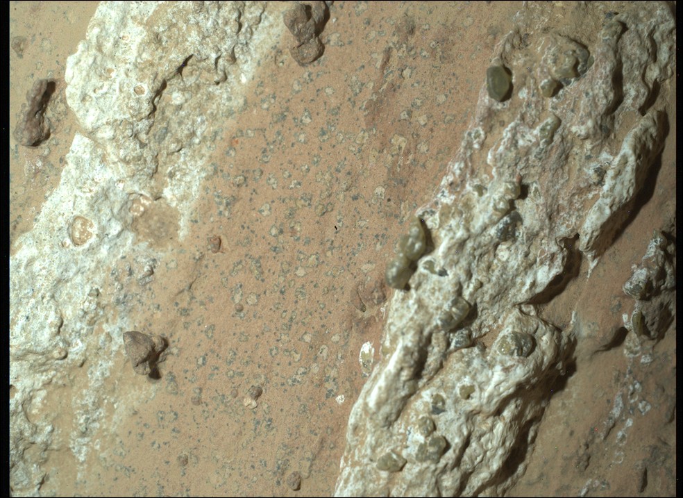 Close up da rocha apelidada de Cheyava Falls em Marte: sinais relacionados à vida, como veios e pontos esbranquiçados, também podem ter sido formados por processos não biológicos. — Foto: NASA/JPL-Caltech